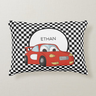 Red Race Car Black White Chequered Flag Child's  Accent Pillow