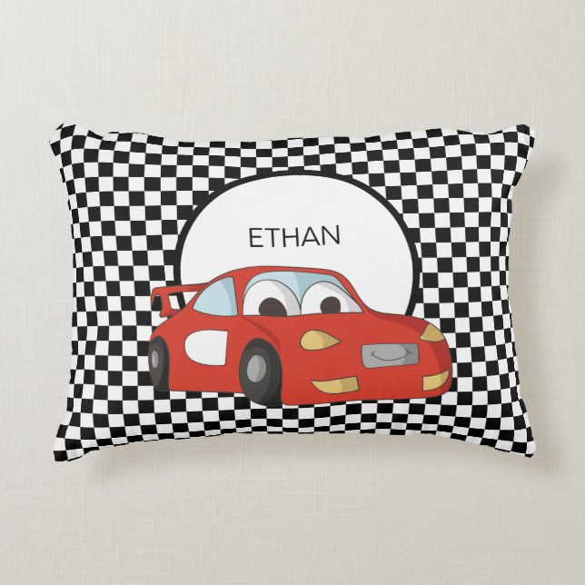 Red Race Car Black White Chequered Flag Child's  Accent Pillow (Front)