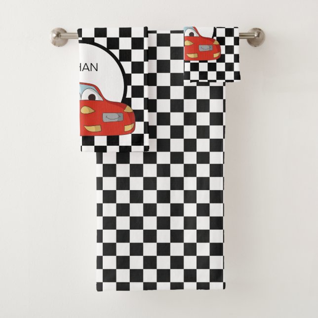 Red Race Car Black White Chequered Flag Child's   Bath Towel Set (Insitu)