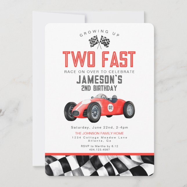 Red Race Car Deux Fast 2nd Birthday Invitation (Devant)