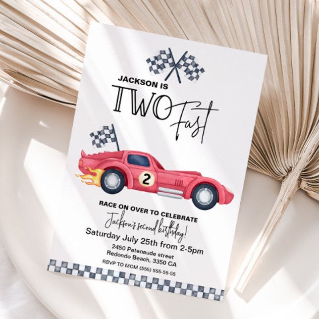 Red Race car DEUX FAST invitation Anniversaire (Red Race car TWO FAST birthday invitation)