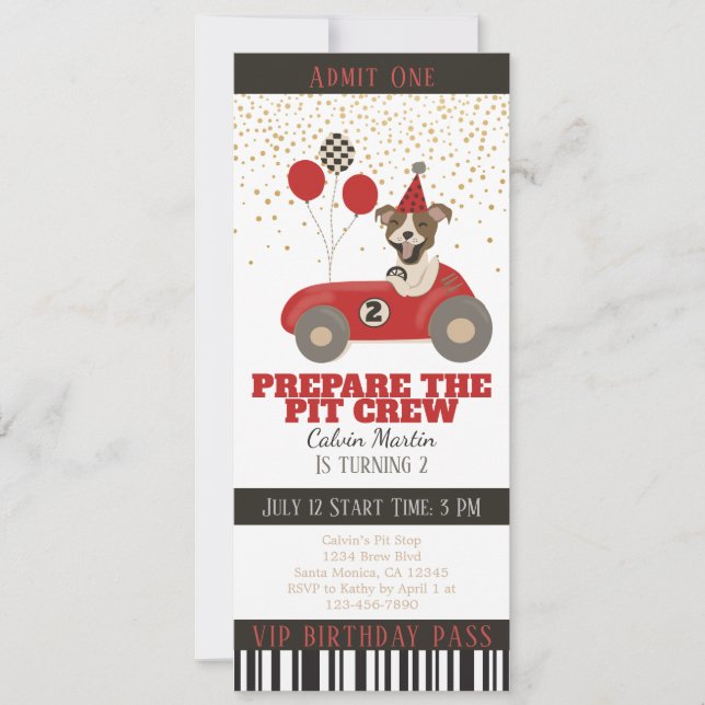 Red Race Car Dog Boys 2nd Birthday Party Ticket  (Front)