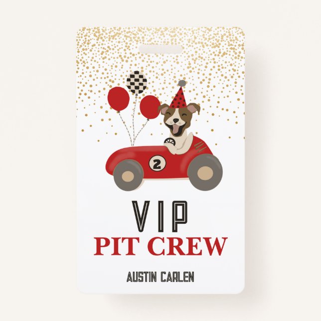 Red Race Car Dog Boys Birthday Party VIP Badge (Front)
