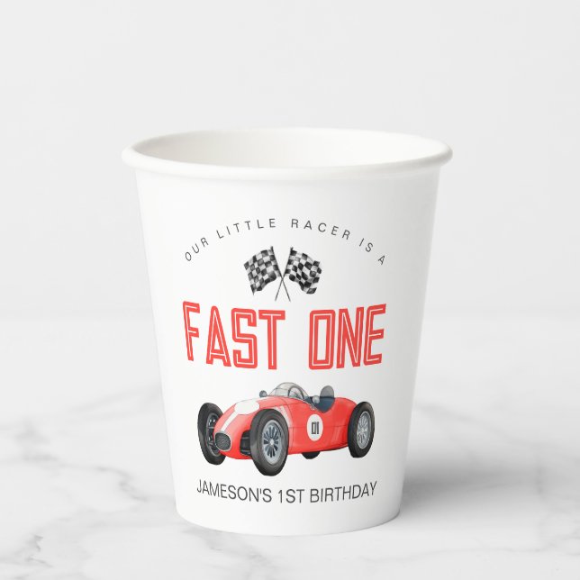 Red Race Car Fast One 1st birthday party Paper Cups (Front)