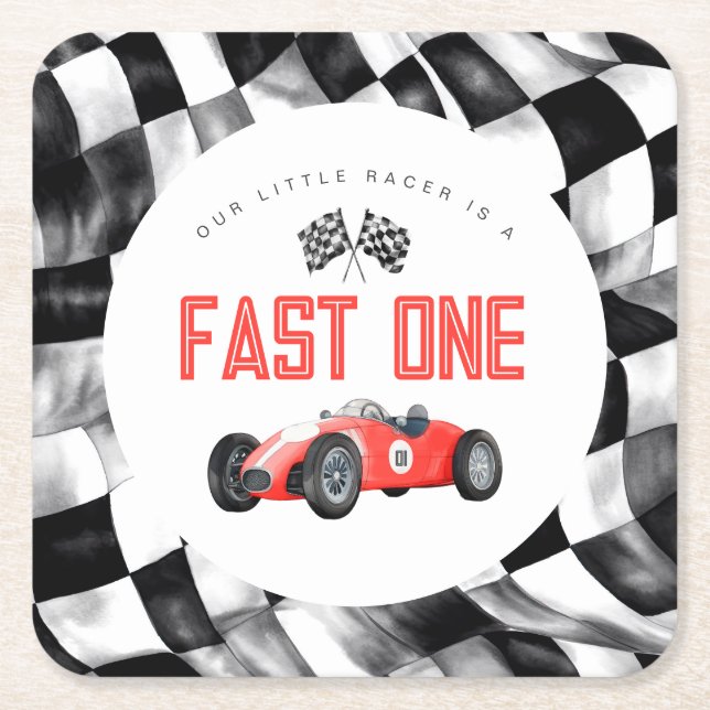 Red Race Car Fast One 1st birthday party Square Paper Coaster (Front)