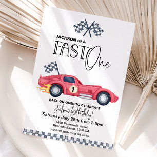 Red Race car FAST ONE Birthday invition Invitation