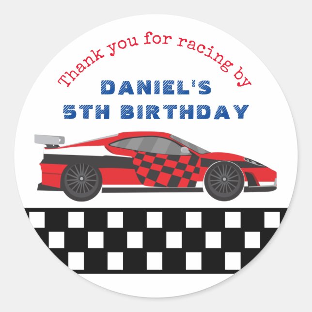 Red Race Car for Kids Boys Birthday Party Classic Round Sticker (Front)