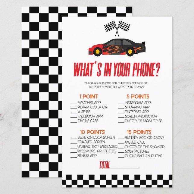 Red Race Car In Your Phone Baby Shower Game (Front/Back)
