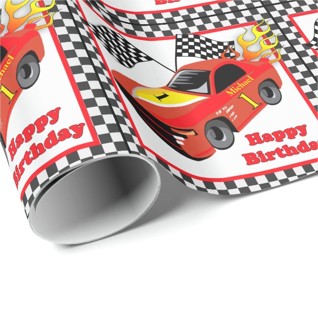 Red Race Car Personalized Birthday  Gift Wrapping Paper (Roll Corner)