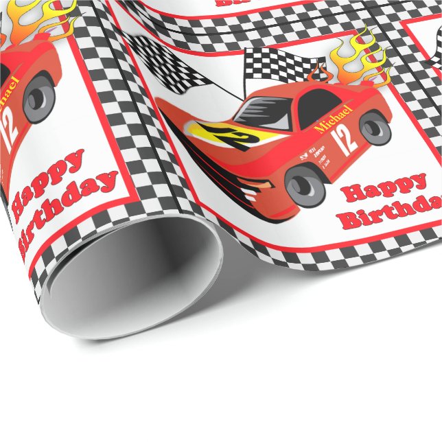 Red Race Car Personalized Birthday  Gift Wrapping Paper (Roll Corner)