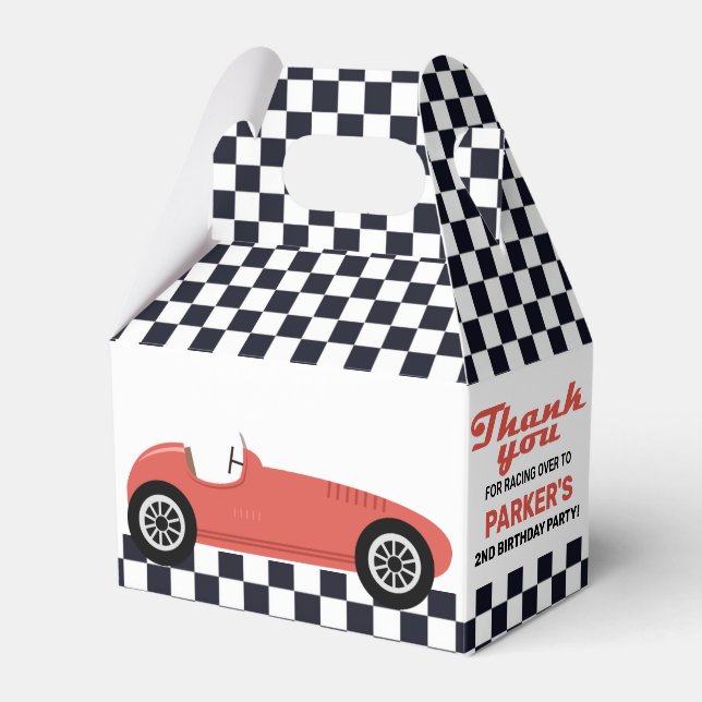 Red Race Car Racing Birthday Party Chequered Favor Box (Front Side)