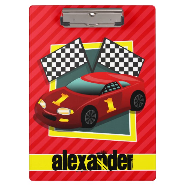 Red Race Car; Scarlet Red Stripes Clipboard (Front)