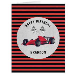 Red Race Car Striped Birthday Card