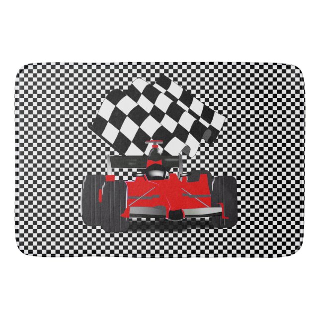Red Race Car with Chequered Flag Bath Mat (Front)