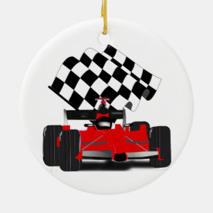 Red Race Car with Chequered Flag Ceramic Ornament