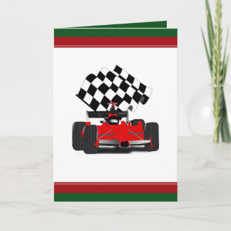 Red Race Car with Chequered Flag Christmas Holiday Card
