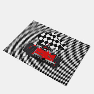 Red Race Car with Chequered Flag Doormat