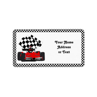 Red Race Car with Chequered Flag Label