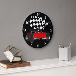 Red Race Car with Chequered Flag Large Clock