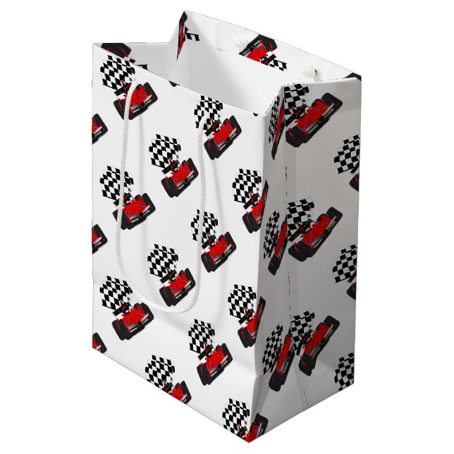 Red Race Car with Chequered Flag Medium Gift Bag (Front Angled)