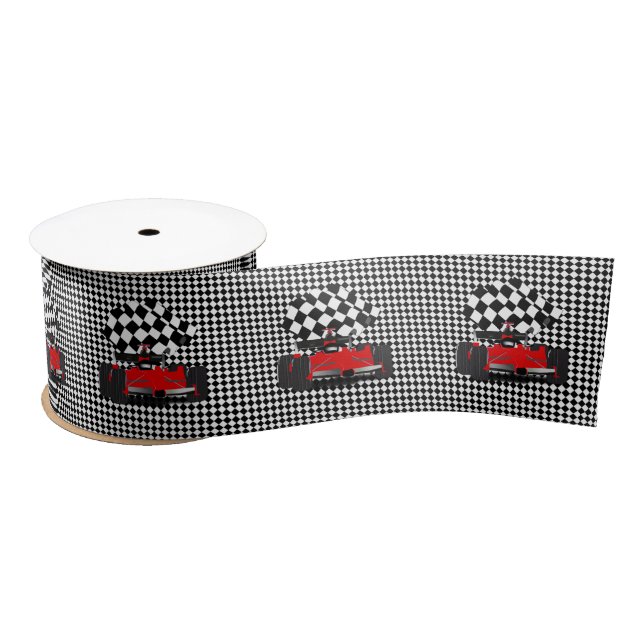 Red Race Car with Chequered Flag Satin Ribbon (Spool)