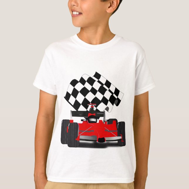 Red Race Car with Chequered Flag T-Shirt (Front)