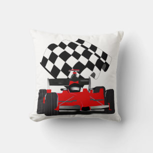 Red Race Car with Chequered Flag Throw Pillow
