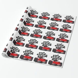 Red Race Car with Chequered Flag Wrapping Paper