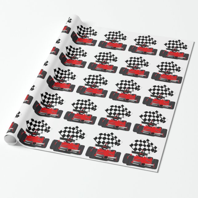 Red Race Car with Chequered Flag Wrapping Paper (Unrolled)