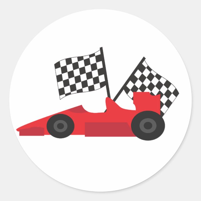 Red Race car with Chequered Flags Classic Round Sticker (Front)