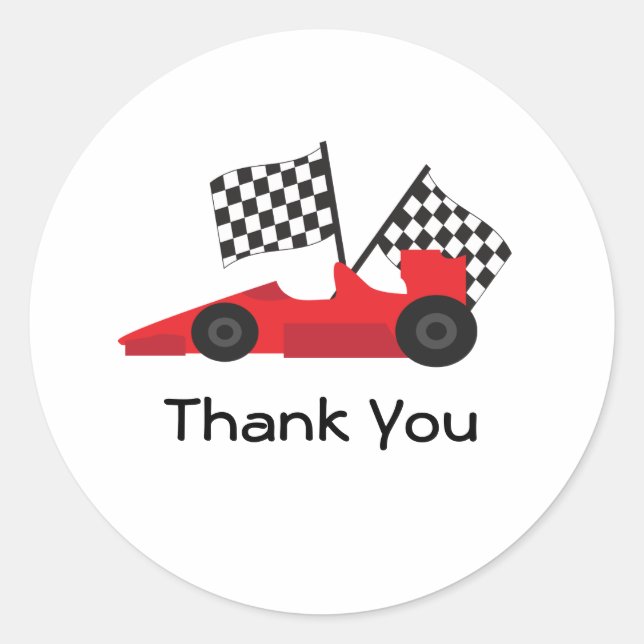 Red Race car with Chequered Flags Classic Round Sticker (Front)