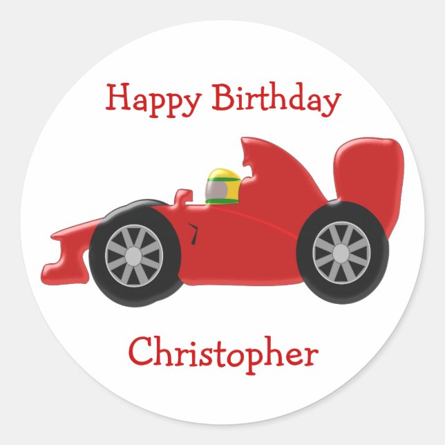 Red Racing Car Birthday Classic Round Sticker (Front)
