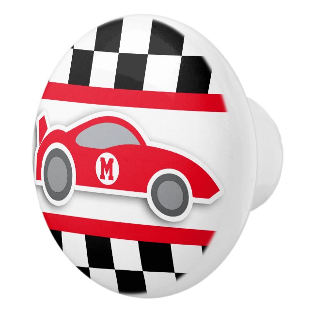 Red racing car chequered flag graphic art doorknob ceramic knob (Right)