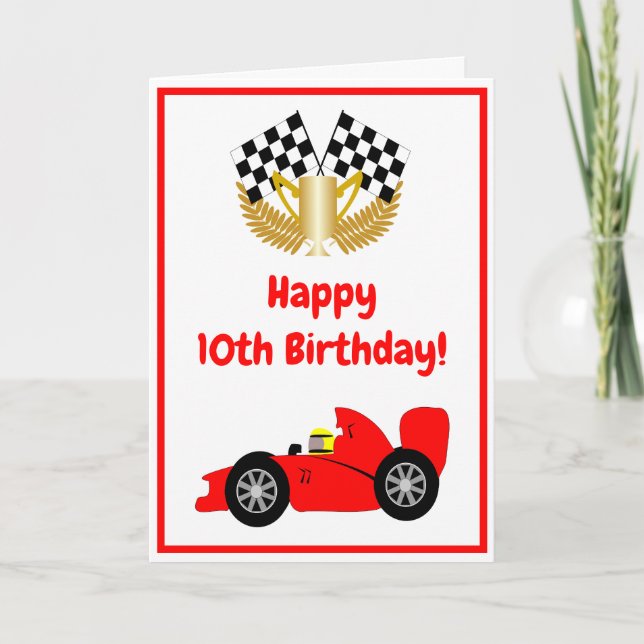 Red Racing Car Personalised 10th Birthday Card (Front)