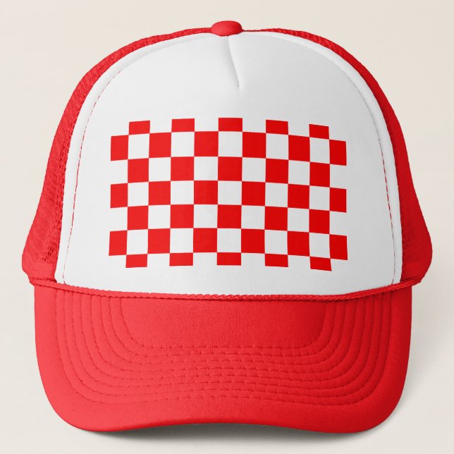 Red Racing Chequered Flag Display Customizable Trucker Hat (Front)