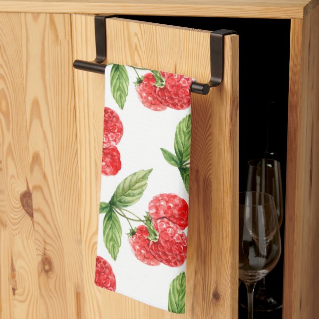 Red Raspberries With Leaves Pattern Kitchen Towel (Thirds Fold)
