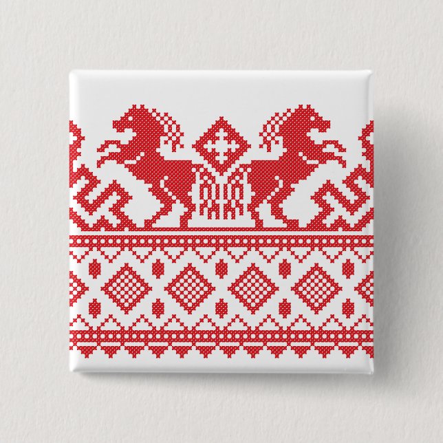 Red rearing horses 2 inch square button (Front)