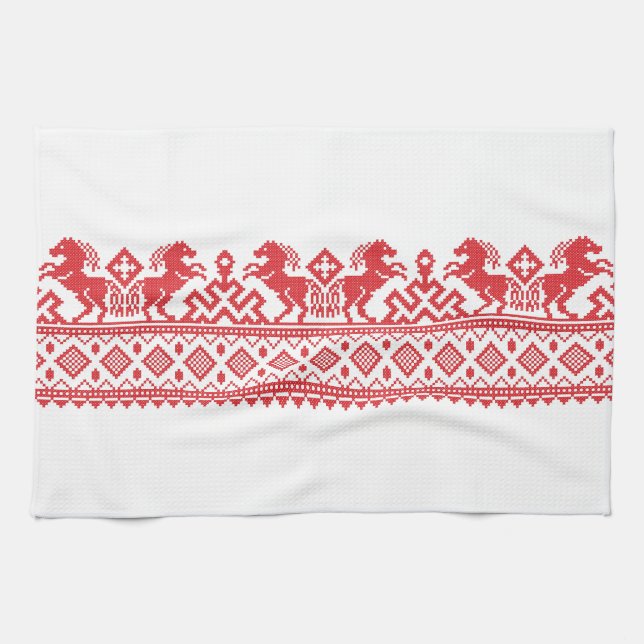 Red rearing horses kitchen towel (Horizontal)