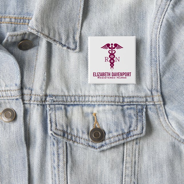 Red Red Caduceus Nurse Medical Symbol 2 Inch Square Button (In Situ)