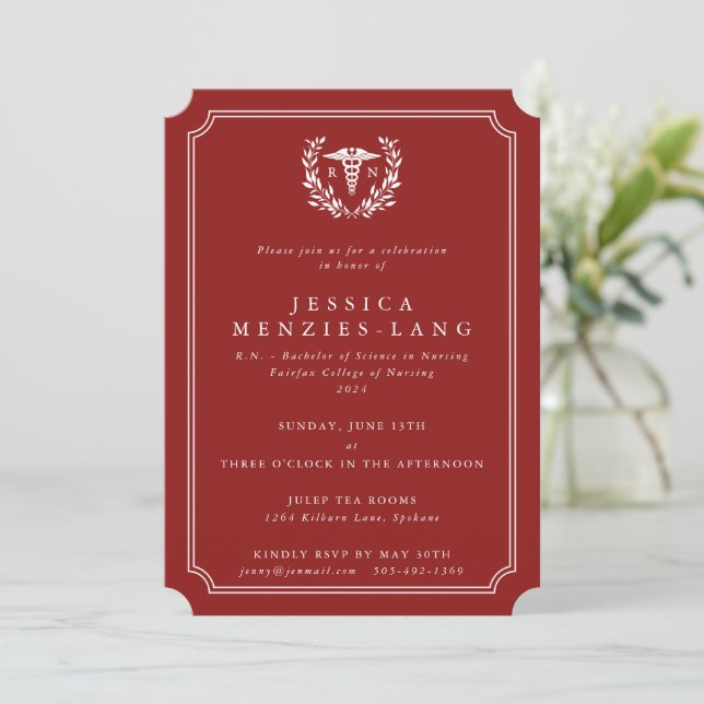 Red Registered Nurse Caduceus+Laurel Wreath Invitation (Standing Front)