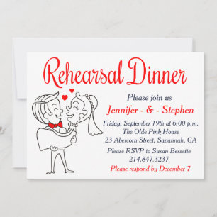 Red Rehearsal Dinner Cartoon Bride & Groom Invitation