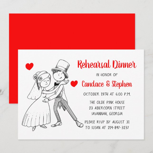 Red Rehearsal Dinner Cartoon Bride Groom Wedding Invitation (Front/Back)