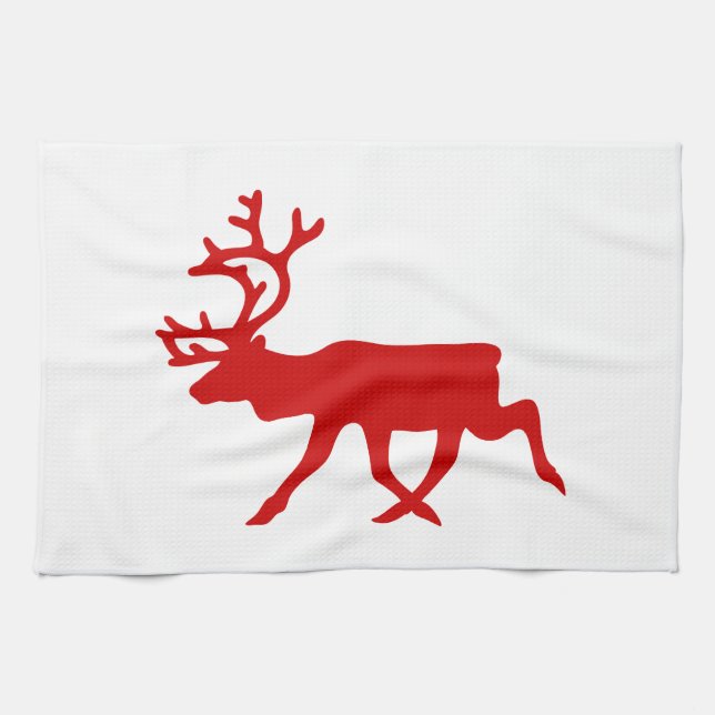 Red Reindeer / Caribou Silhouette Kitchen Towel (Horizontal)