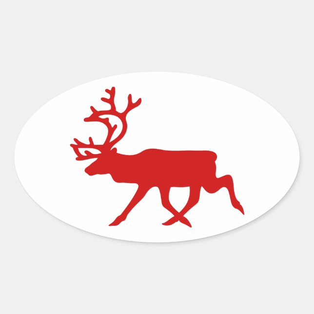 Red Reindeer / Caribou Silhouette Oval Sticker (Front)