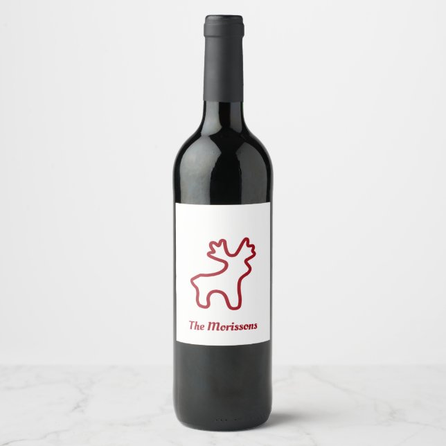 Red Reindeer Contour Personalized Name Wine Label (Front)