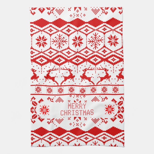 Red Reindeer Knitted Pattern White Background Kitchen Towel (Vertical)