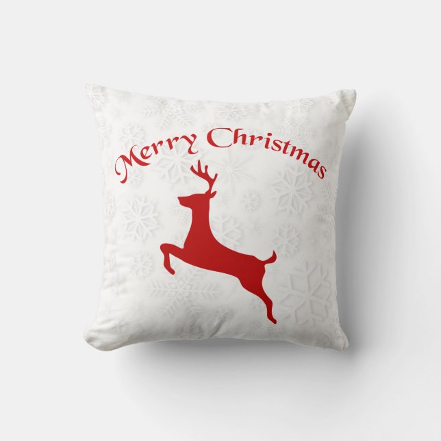 Red Reindeer Over Snowflakes Background Throw Pillow (Front)