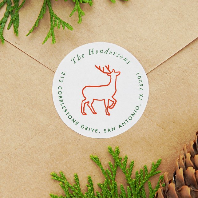 Red Reindeer Scandinavian Green Return Address Classic Round Sticker (Red Reindeer Scandinavian Green Return Address Classic Round Sticker)