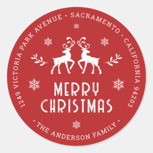 Red Reindeer Snowflake Christmas Return Address Classic Round Sticker