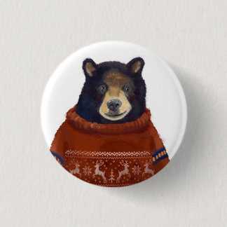 Red Reindeer Sweater Bear 1 Inch Round Button